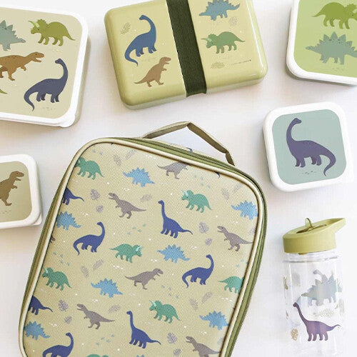 A little lovely company broodtrommelset met vier lunchboxen, een lunchtas en een drinkfles, allemaal met dinosauruspatroon.