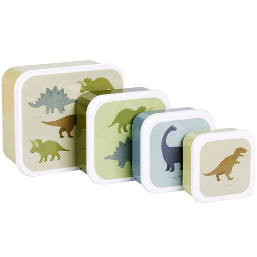 A little lovely company broodtrommelset met vier in elkaar passende lunchboxen met dinosaurusafbeeldingen op de deksels.