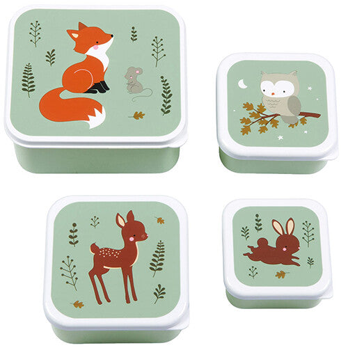 A little lovely company broodtrommelset met vier groene lunchboxen met deksels met bosdieren: vos, uil, hert en konijn.