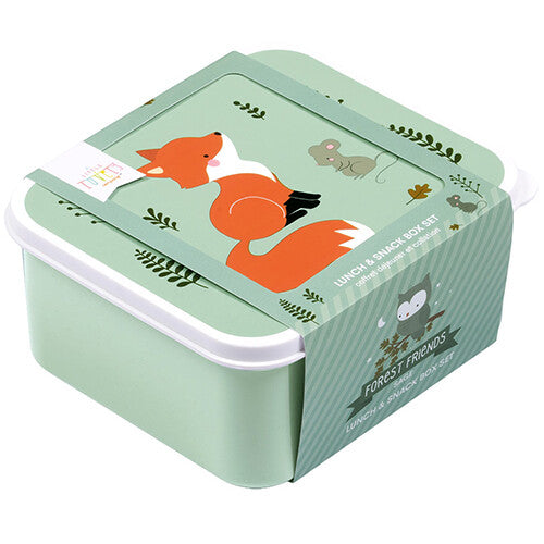 Verpakking van de A little lovely company broodtrommelset met een groene lunchbox met vos-illustratie en een kartonnen sleeve.