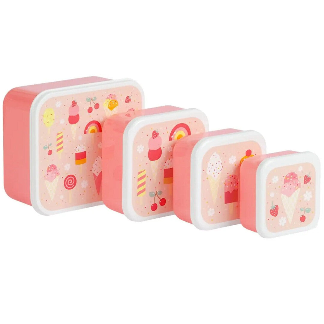 Vier roze A Little Lovely Company lunchboxen met ijsjespatroon, aflopend in grootte.