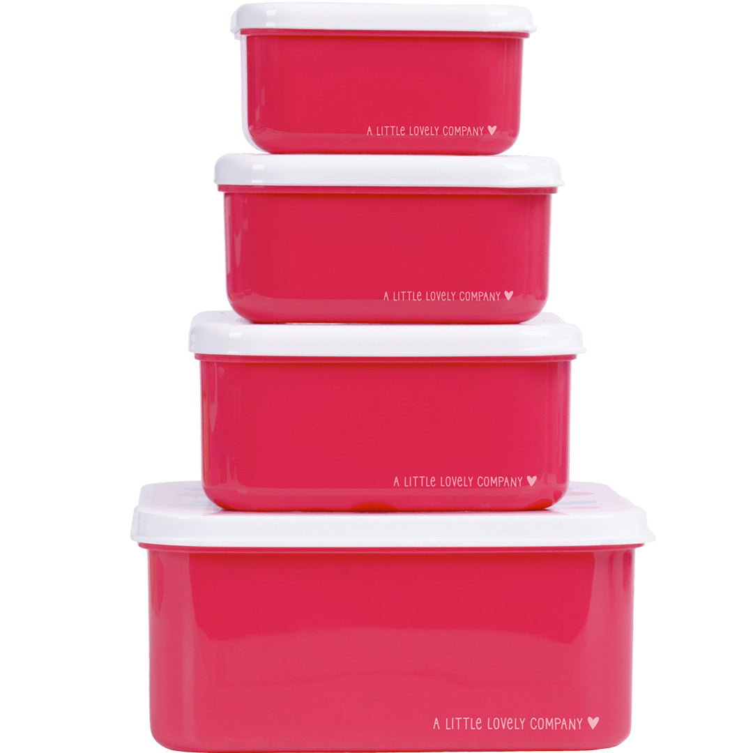 A Little Lovely Company broodtrommelset voor kinderen met vier roze lunchboxen van verschillende formaten, verticaal gestapeld, met witte deksels.