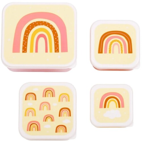 a little lovely company broodtrommelset met vier plastic lunchboxen met regenboogpatronen, van bovenaf gezien.