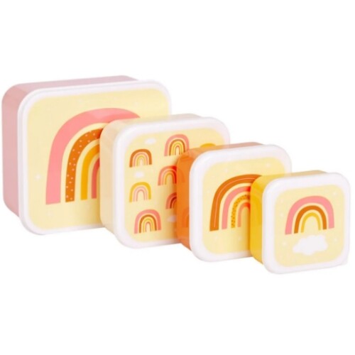 a little lovely company broodtrommelset met vier in elkaar gestapelde plastic lunchboxen met regenboogpatronen.