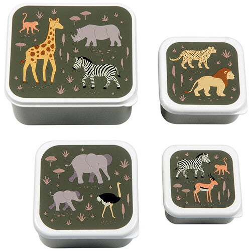 a little lovely company broodtrommelset met vier groene lunchboxen met savanne dieren op de deksels.
