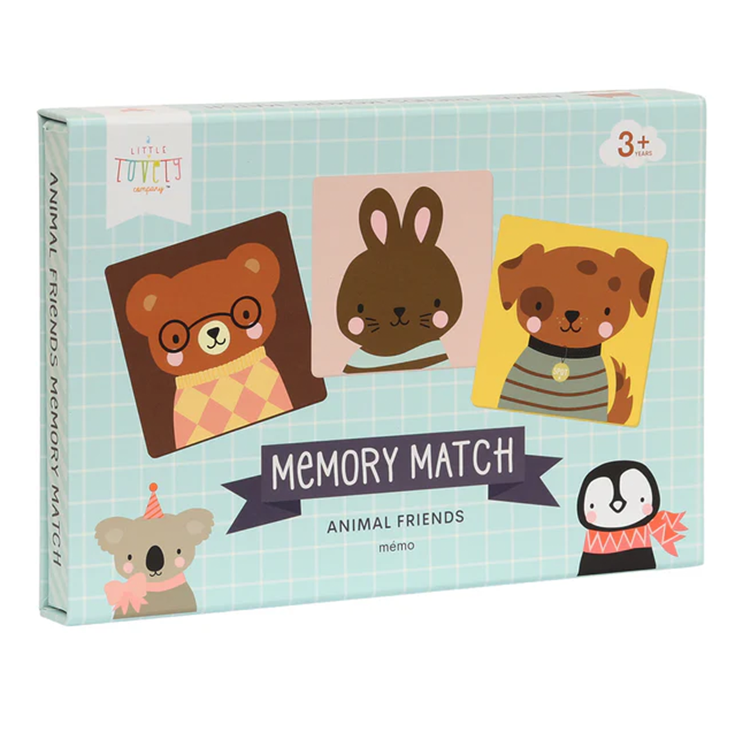 Verpakking van het A Little Lovely Company memory spel met dierenvriendjes, met een beer, konijn en hond op de voorkant.