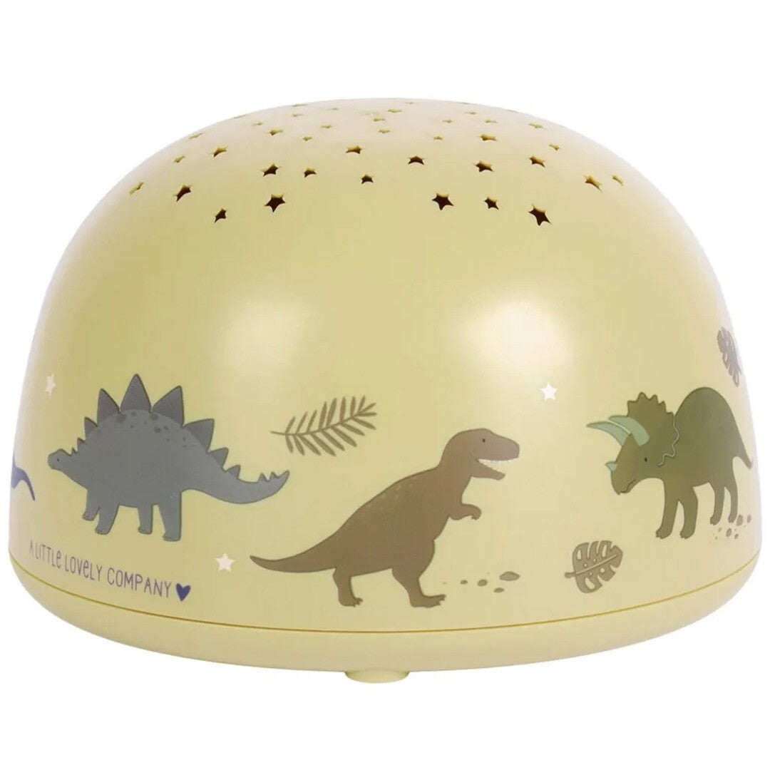 A little lovely company beige nachtlamp en sterprojector met dinosaurusafbeeldingen en steruitsparingen.