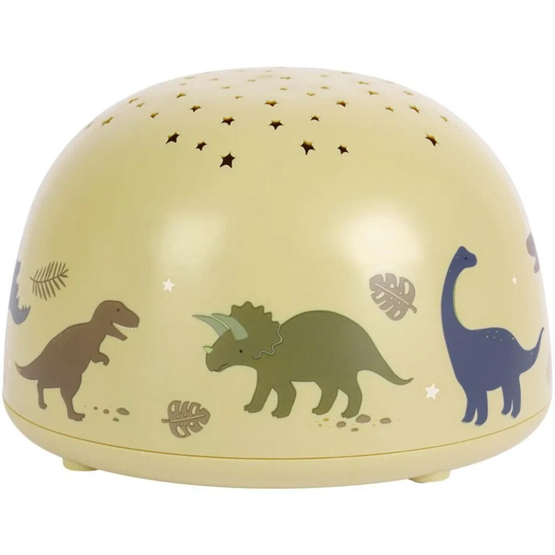 A little lovely company beige nachtlamp en sterprojector met verschillende dinosaurusafbeeldingen en steruitsparingen.