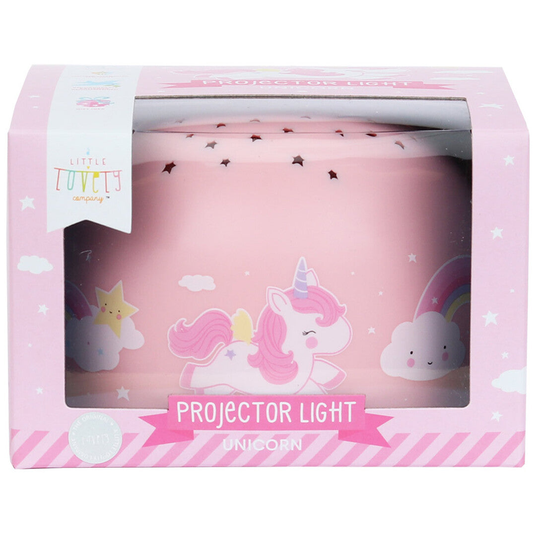 De verpakking van de roze a little lovely company nachtlamp en sterprojector met eenhoorn.