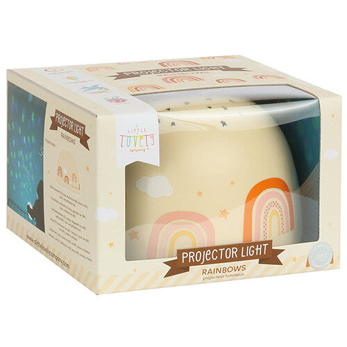 De verpakking van de a little lovely company nachtlamp en sterprojector met regenboogthema.