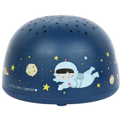 De A little lovely company nachtlamp en sterprojector, een donkerblauwe koepel met een astronaut en planeten.