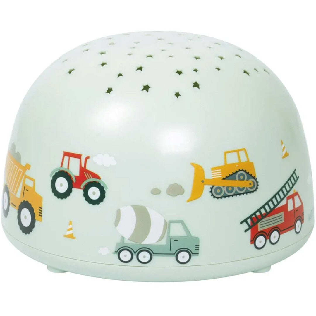 A little lovely company nachtlamp en sterprojector met voertuigen zoals een kiepwagen en brandweerauto.