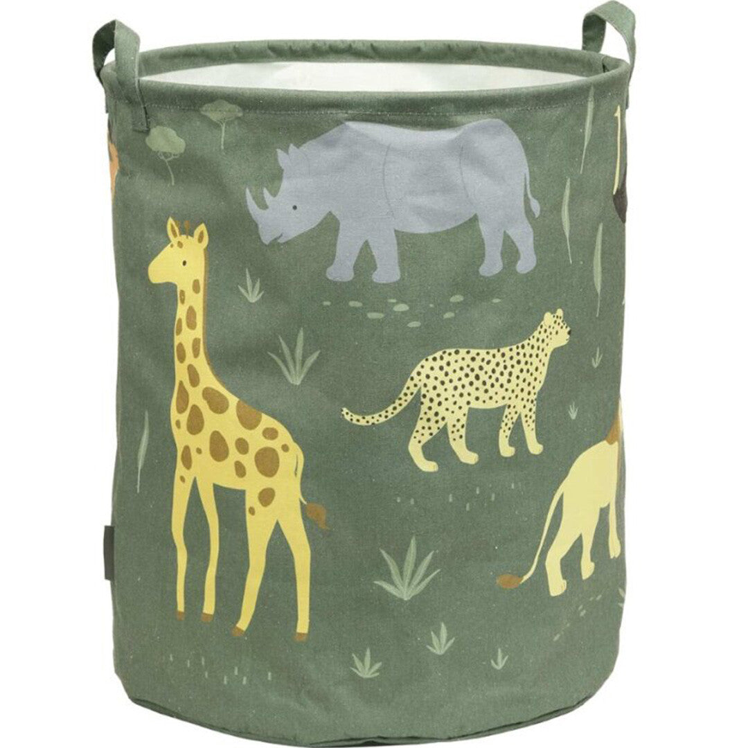 a little lovely company groene opbergmand met jungle dierenprint van een giraffe, neushoorn en cheetah.