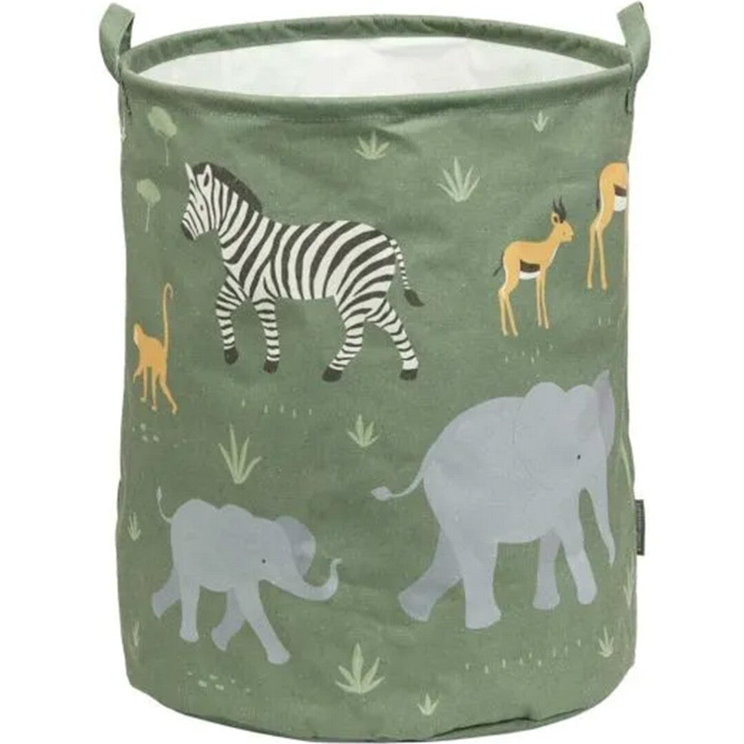 a little lovely company groene opbergmand met jungle dierenprint van een zebra, antilope en olifanten.