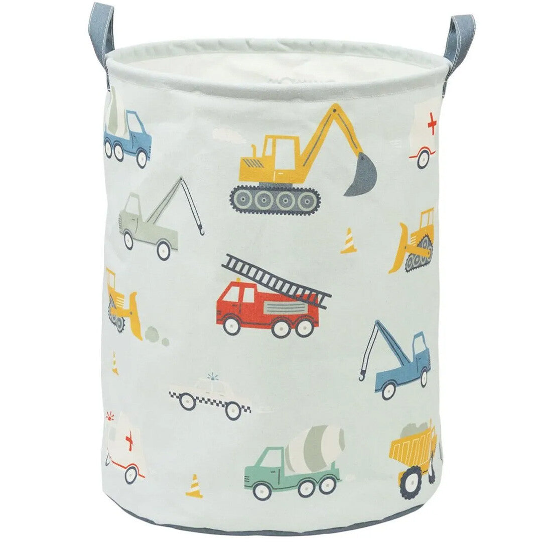 a little lovely company opbergmand met voertuigenpatroon, inclusief graafmachines, brandweerwagens en ambulances.