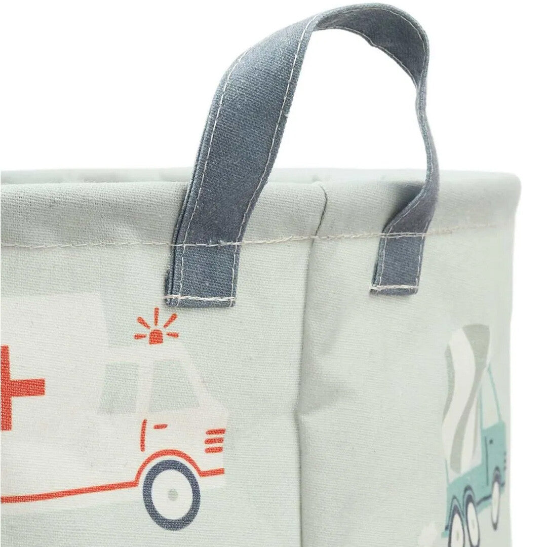 Detail van de grijze handgreep en een ambulance-illustratie op de opbergmand met voertuigen.