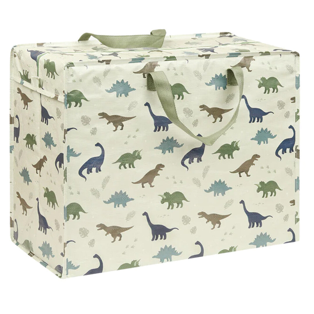 A little lovely company beige opbergzak met dinosauruspatroon en groene handvatten.