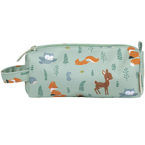 a little lovely company groen pennenetui met bosdieren en bladeren patroon, recht van voren.