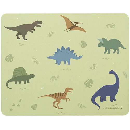 A Little Lovely Company groene placemat met diverse dinosaurussen en bladeren.