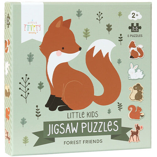 De verpakking van de a little lovely company kinderpuzzel 'Forest Friends' met een illustratie van een vos en andere bosdieren.