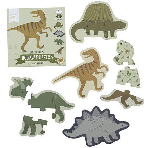 a little lovely company dinosauruspuzzels met de verpakking en vijf losse dinosaurusfiguren.