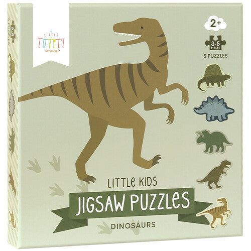 De voorkant van de a little lovely company verpakking voor dinosauruspuzzels met een grote dinosaurusafbeelding.