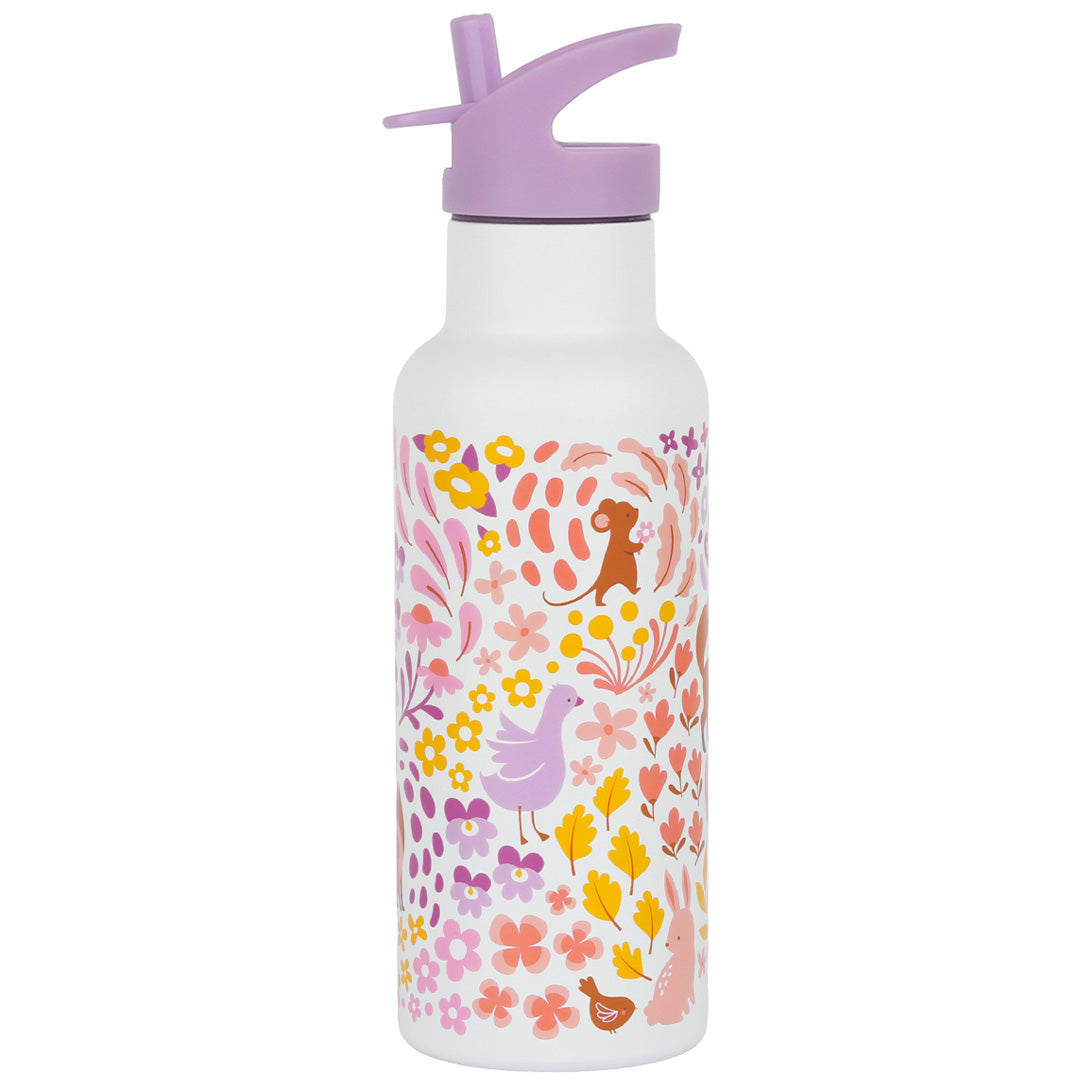Een a little lovely company drinkfles met paarse dop en een bloementuin-thema met dieren.