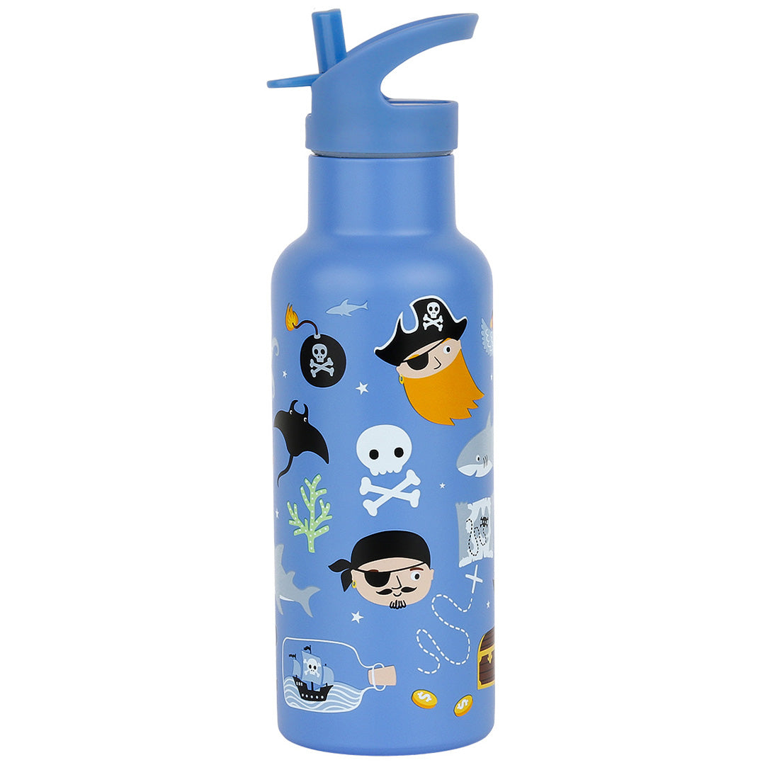a little lovely company blauwe drinkfles met piratenillustraties en een blauwe drinktuit.