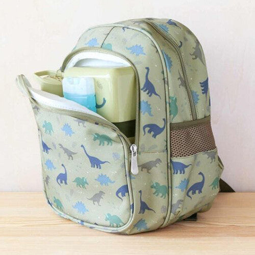Open a little lovely company kinderrugzak met dinosauruspatroon, met een lunchbox in het hoofdvak.