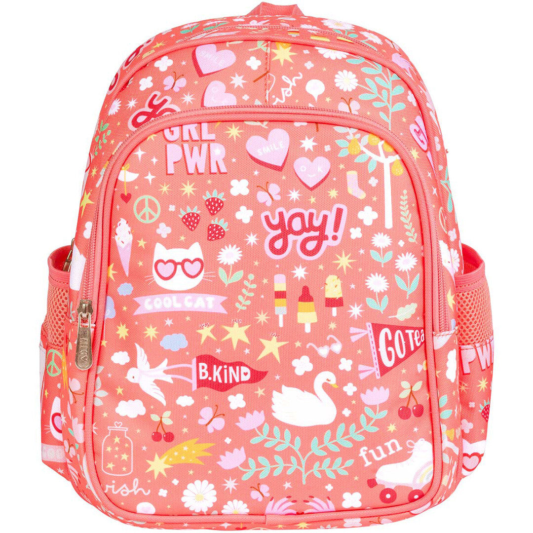 Vooraanzicht van de a little lovely company roze schoolrugzak met 'fun' patroon.