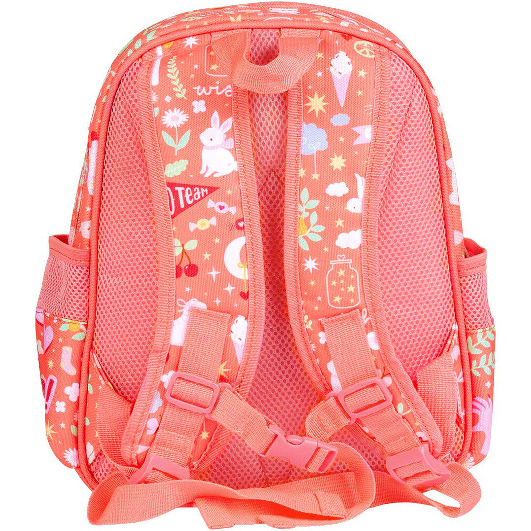 Achteraanzicht van de a little lovely company roze schoolrugzak met 'fun' patroon en verstelbare schouderbanden.