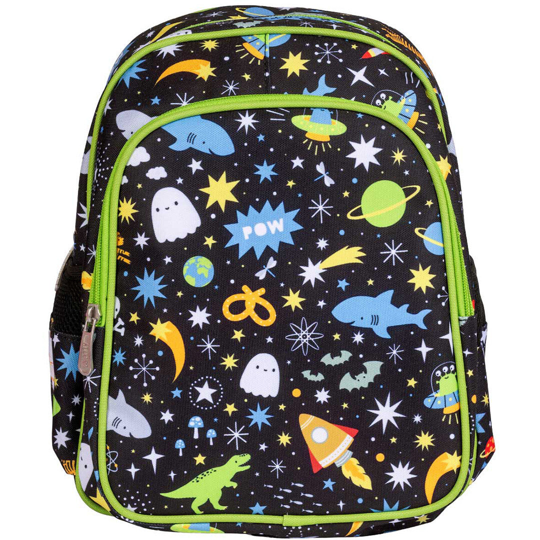 A little lovely company schoolrugzak met galaxy-thema, recht van voren gefotografeerd.