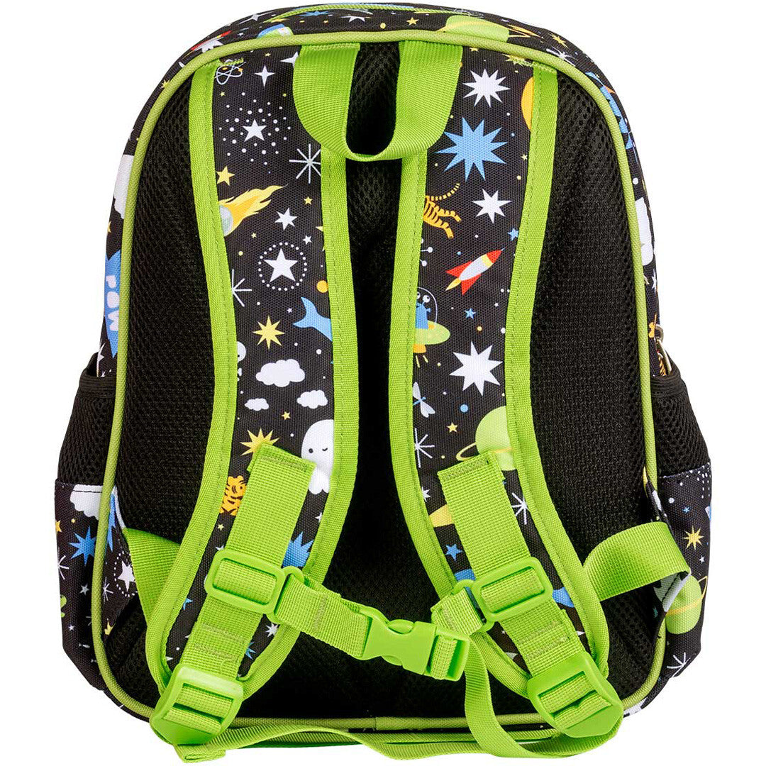 De achterkant van de a little lovely company schoolrugzak met galaxy-thema, met groene schouder- en borstbanden.