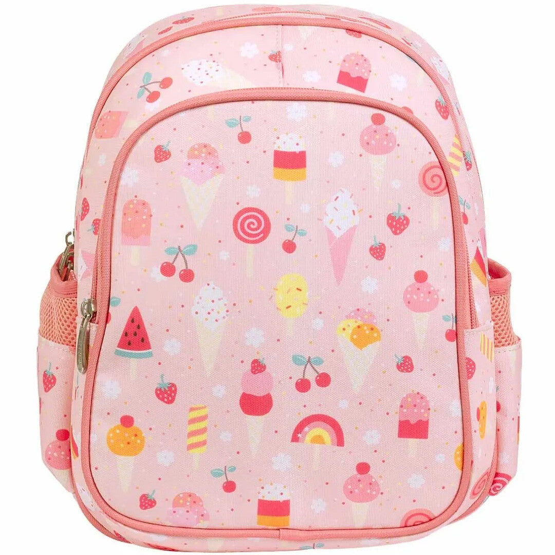 Vooraanzicht van de a little lovely company roze schoolrugzak met ijsjespatroon.