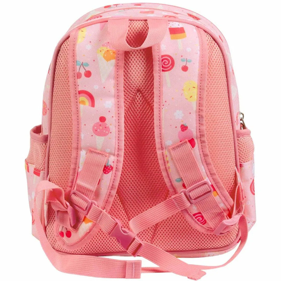 Achteraanzicht van de a little lovely company roze schoolrugzak met ijsjespatroon en verstelbare schouderbanden.