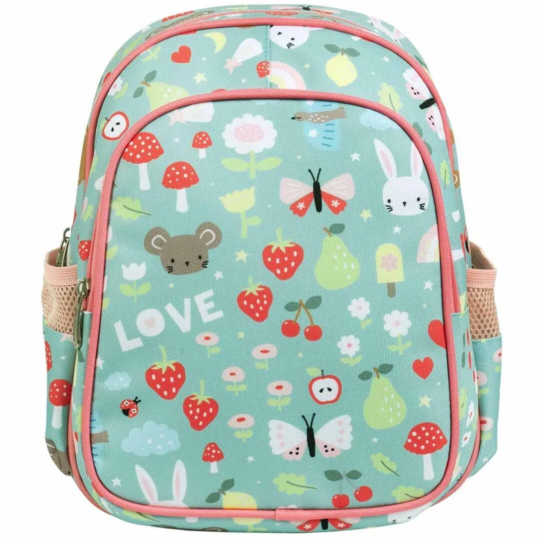 A Little Lovely Company groene kinderrugzak met dieren-, fruit- en bloemenpatroon, recht van voren gefotografeerd.