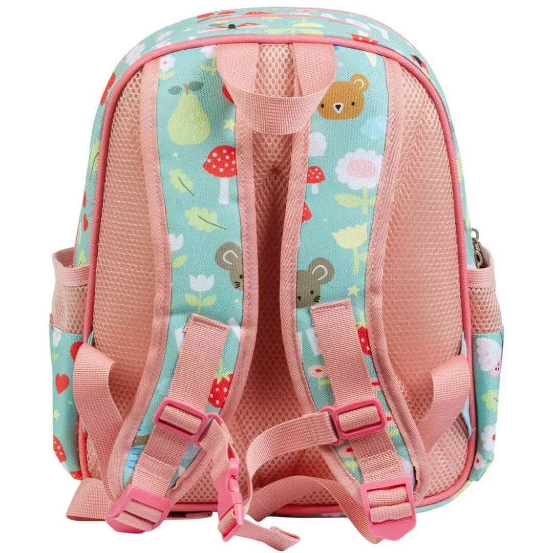De achterkant van de A Little Lovely Company groene kinderrugzak met roze schouderbanden en een gewatteerd rugpaneel.