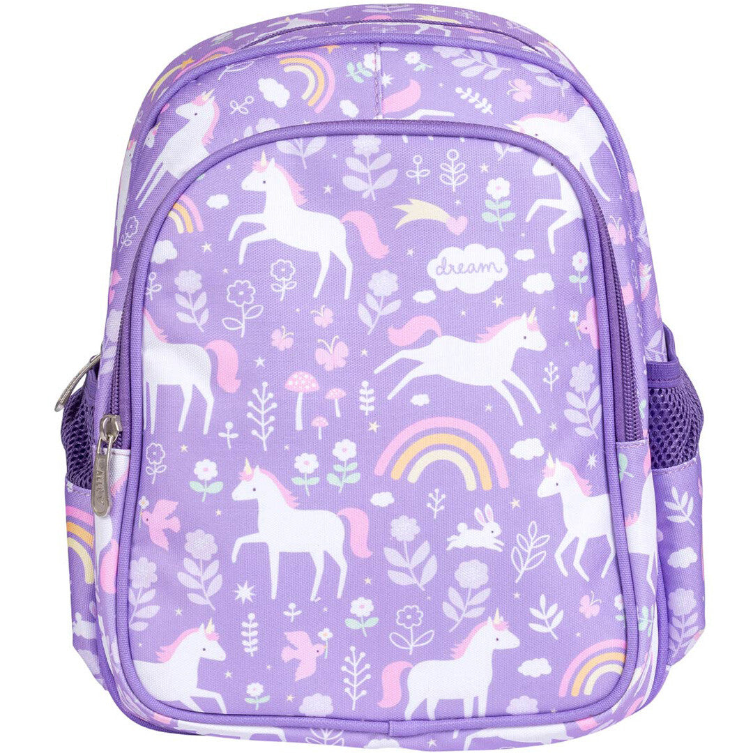 Vooraanzicht van de a little lovely company paarse schoolrugzak met eenhoorn- en regenboogpatroon.