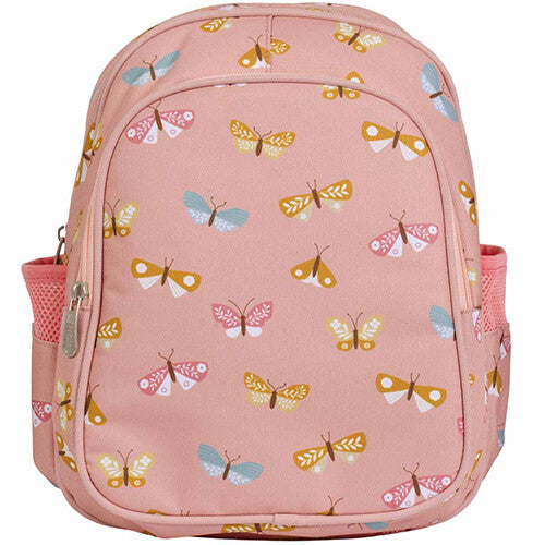 Vooraanzicht van de a little lovely company roze schoolrugzak met vlinderpatroon.