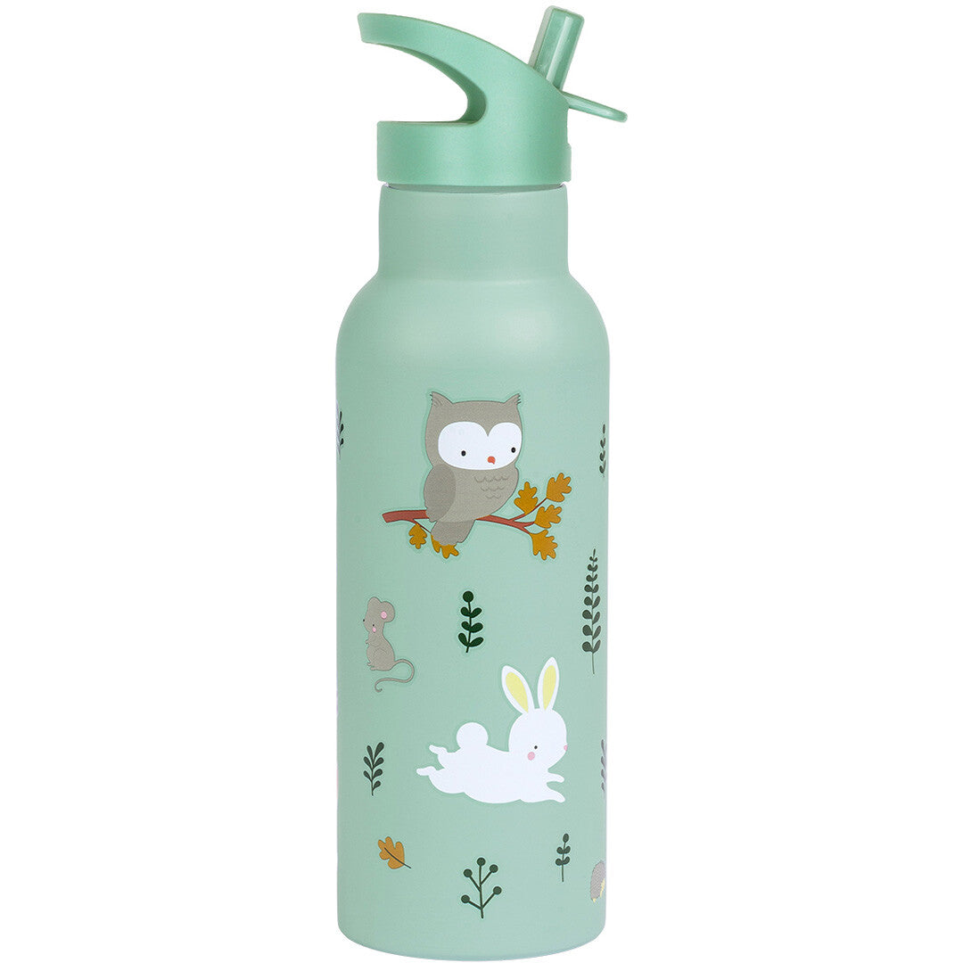 A little lovely company kinderdrinkfles van roestvrij staal met een uil, muis, konijn en bladeren op een lichtgroene achtergrond.