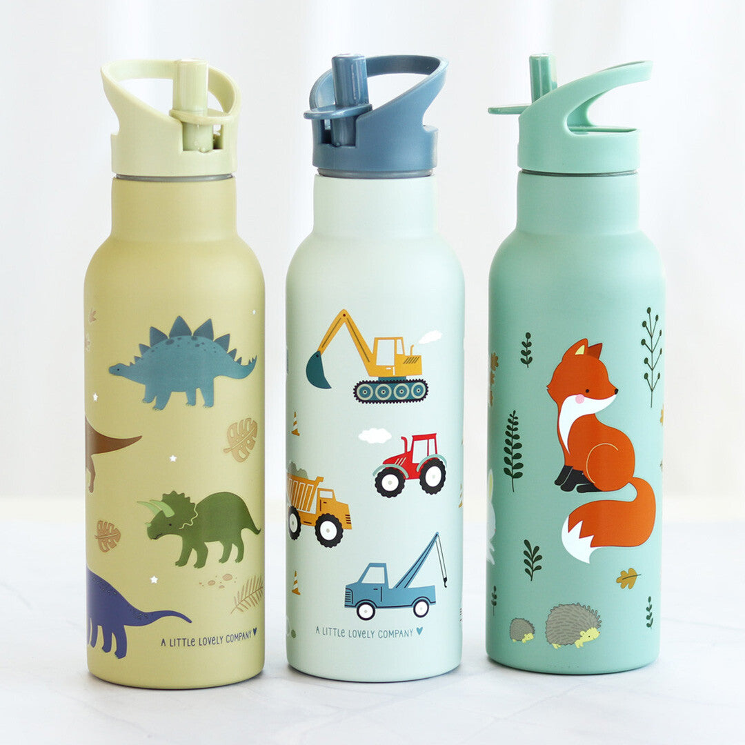 Drie a little lovely company kinderdrinkflessen van roestvrij staal met verschillende thema's: dinosaurussen, voertuigen en bosdieren.