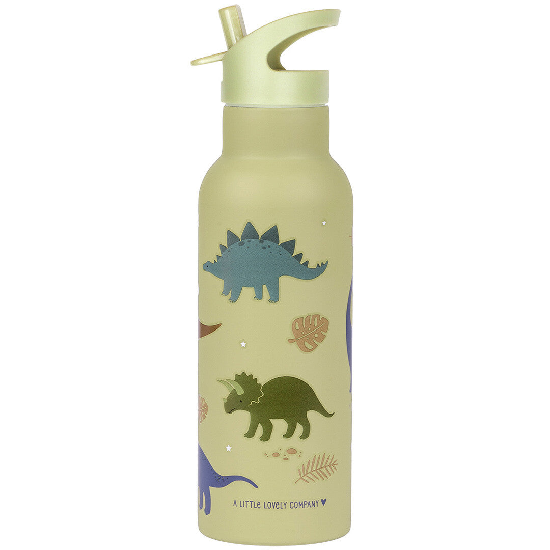 A Little Lovely Company RVS kinderdrinkfles van 500ml met dinosauruspatroon op een witte achtergrond.
