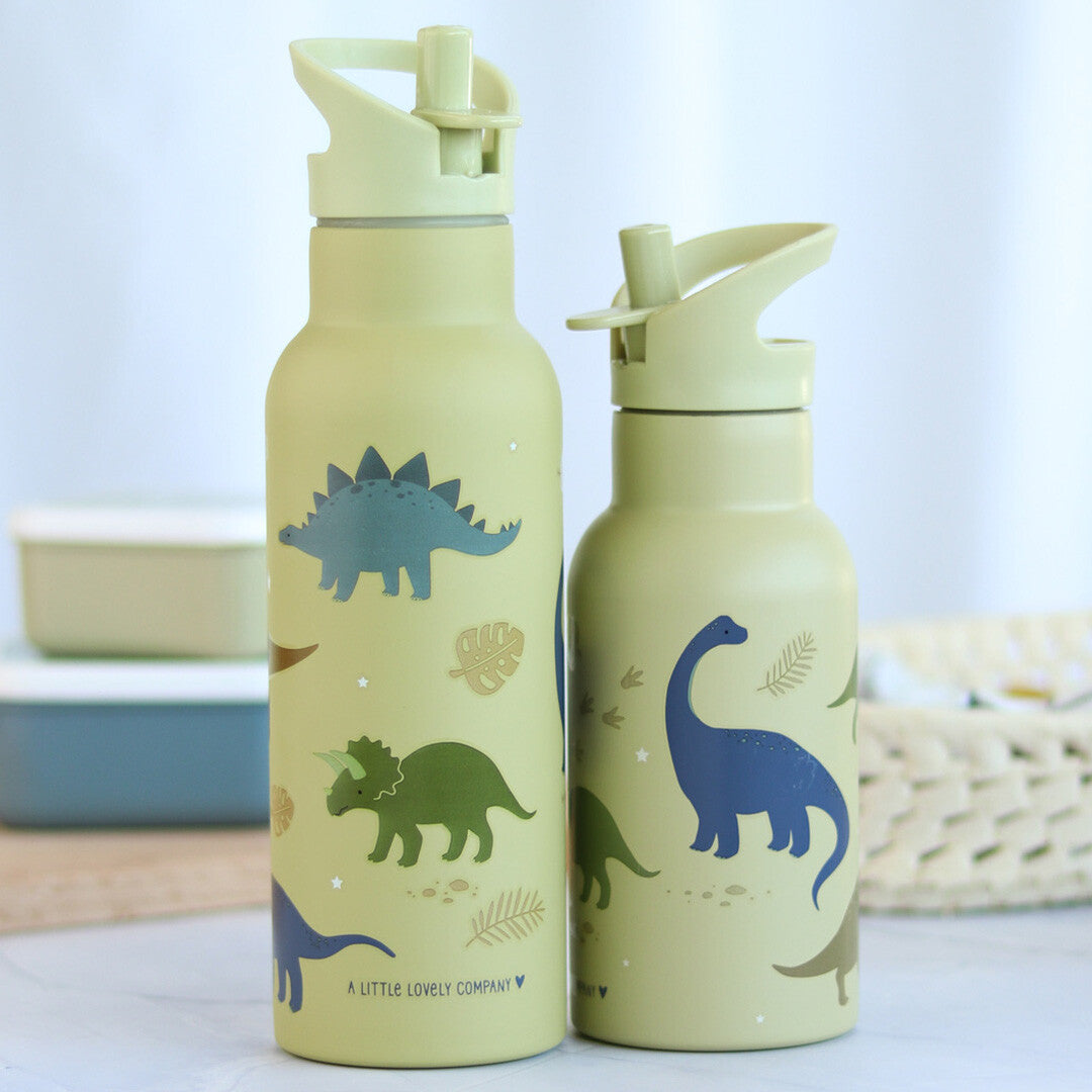 Twee A Little Lovely Company RVS kinderdrinkflessen met dinosauruspatroon, een grote en een kleine, naast elkaar.