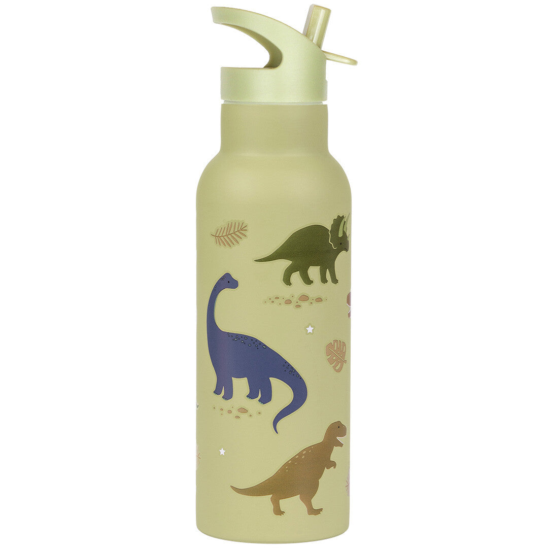 A Little Lovely Company RVS kinderdrinkfles van 500ml met dinosauruspatroon op een witte achtergrond.