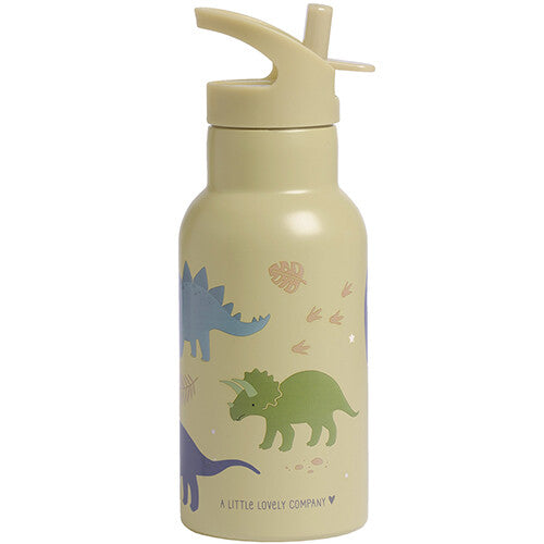 Een beige A Little Lovely Company kinder drinkfles van roestvrij staal met dinosaurusprint en een rietje.