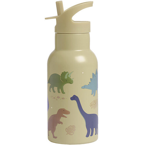 Een beige A Little Lovely Company kinder drinkfles van roestvrij staal met diverse dinosaurusfiguren en een rietje.