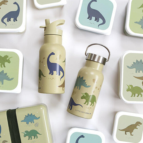 Twee A Little Lovely Company kinder drinkflessen met dinosaurusprint en bijpassende lunchboxen, van bovenaf gezien.
