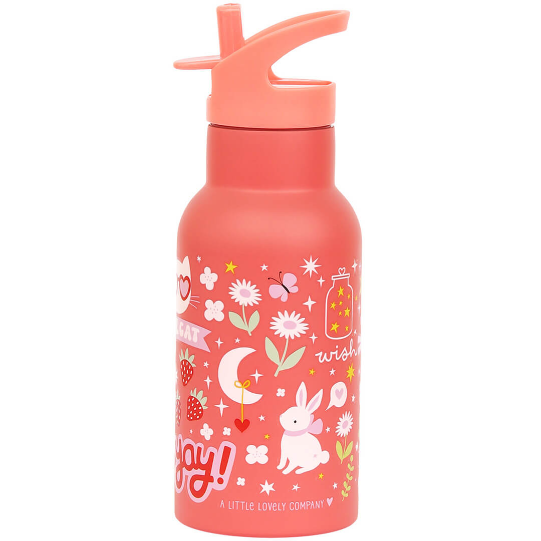 Roze a little lovely company kinderdrinkfles met illustraties van een konijn, bloemen, sterren en tekst.