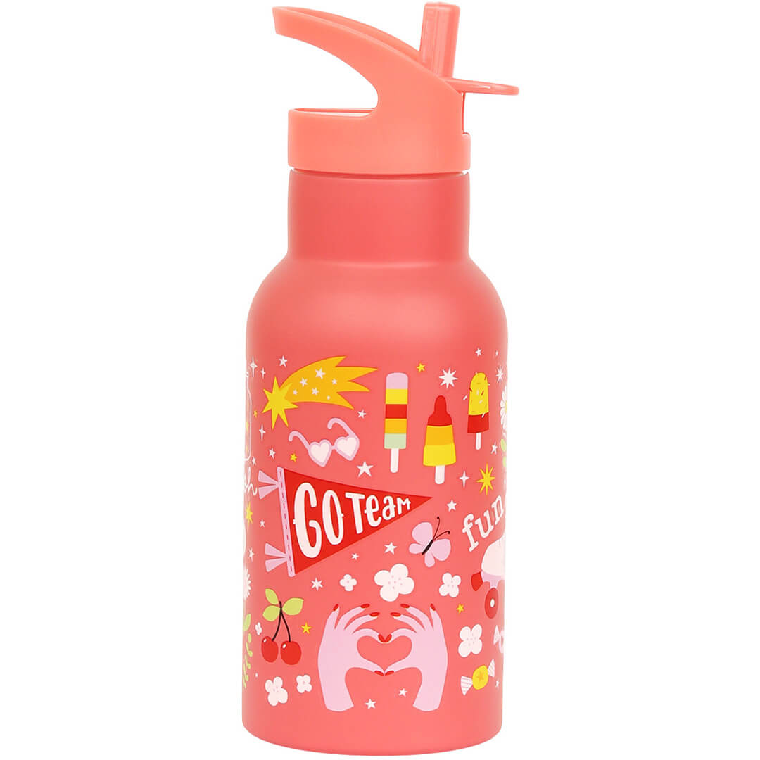Roze a little lovely company kinderdrinkfles met illustraties van ijsjes, een spandoek met 'GO Team' en handen die een hart vormen.