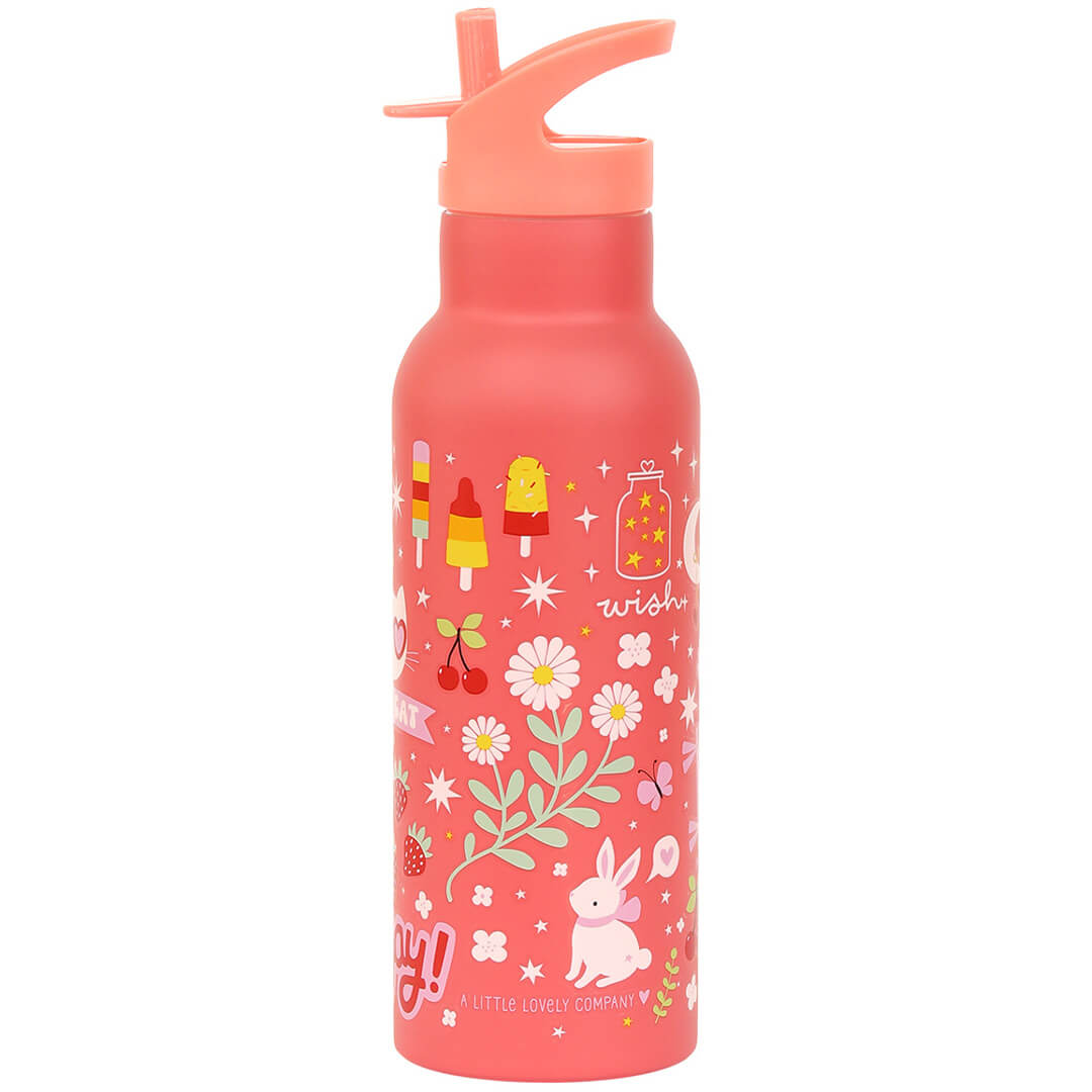 A Little Lovely Company roze kinderdrinkfles van roestvrij staal met een patroon van ijsjes, bloemen en een konijn.